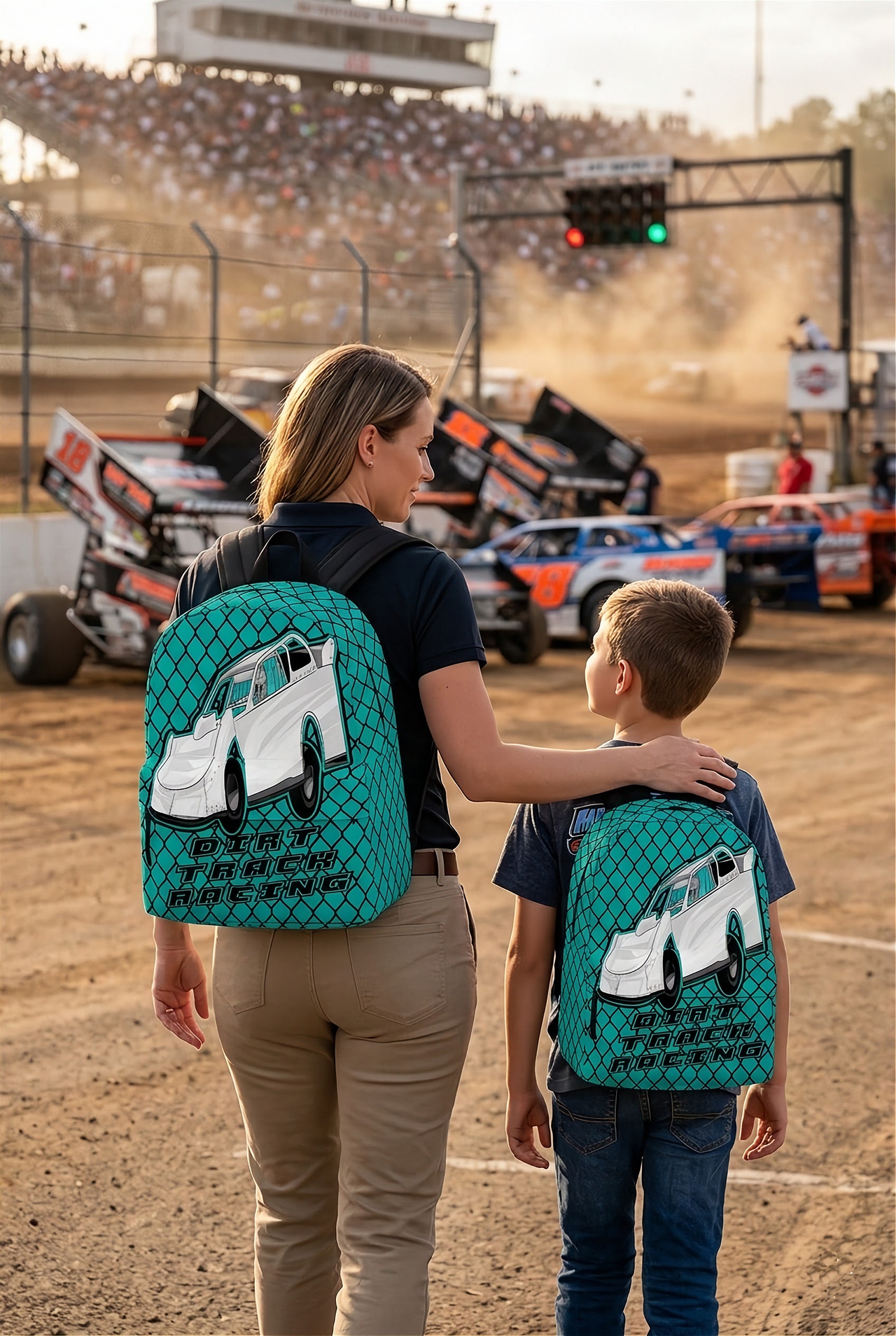Carolina blue late model dirt track racing backpack designed for back to school and motorsports fans, featuring ergonomic straps and padded mesh cushioning.