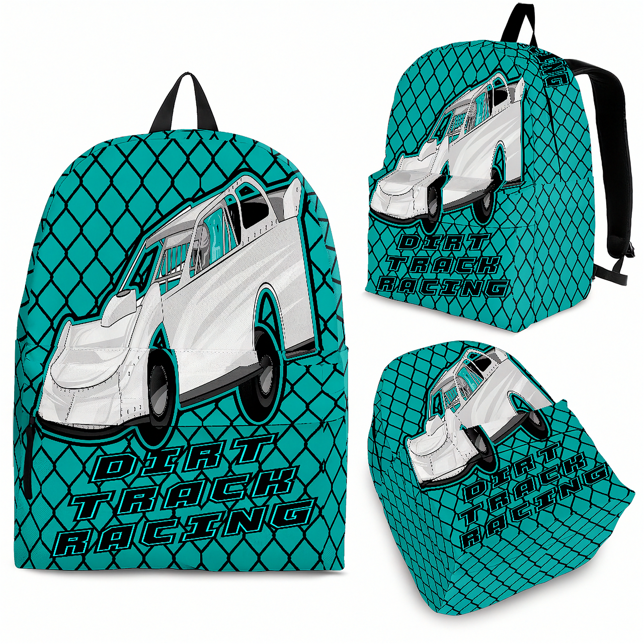 Carolina blue late model dirt track racing backpack designed for back to school and motorsports fans, featuring ergonomic straps and padded mesh cushioning.