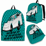 Carolina blue late model dirt track racing backpack designed for back to school and motorsports fans, featuring ergonomic straps and padded mesh cushioning.