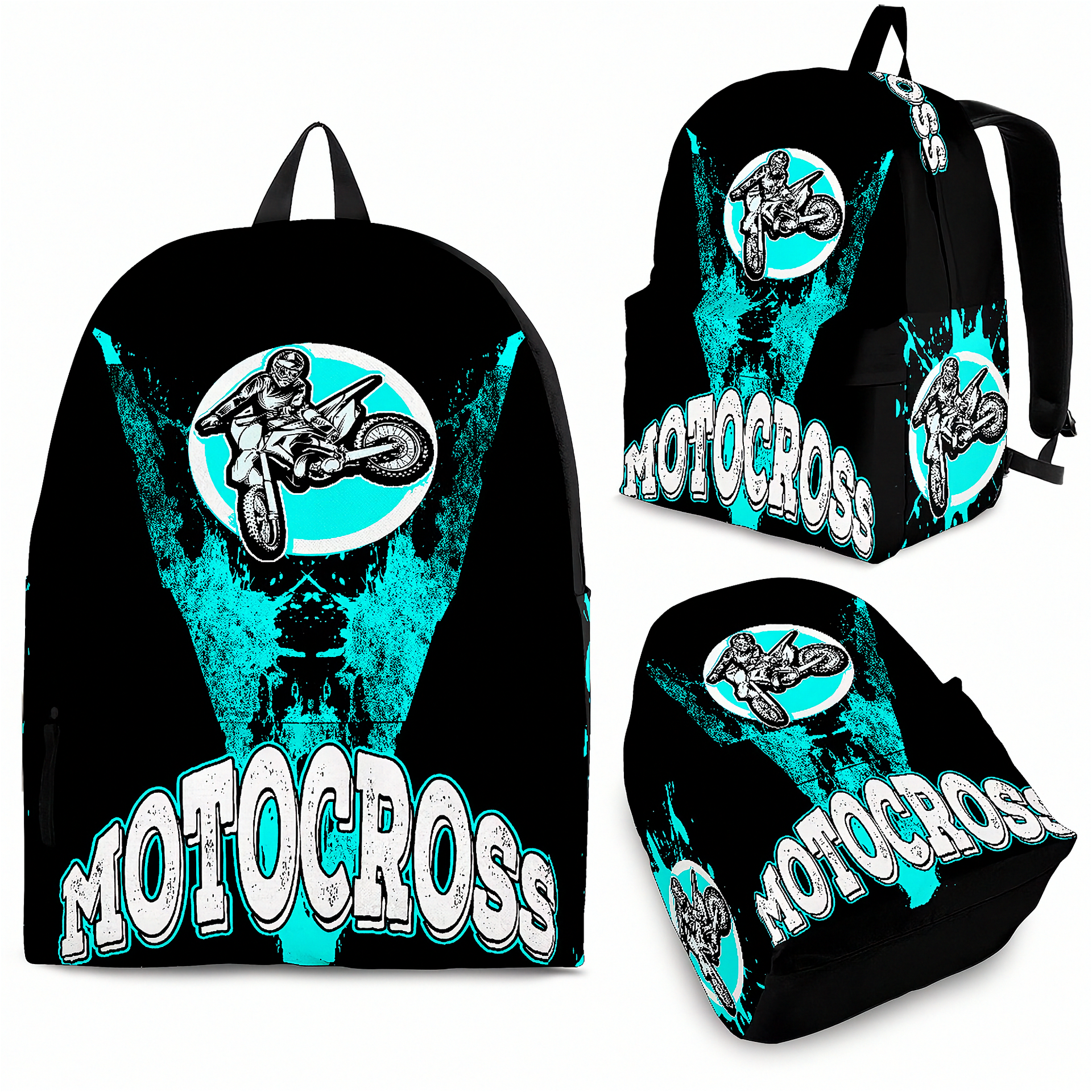 Custom Carolina Blue motocross backpack featuring a dynamic dirt bike rider catching air over a jump, complete with thick padded black ergonomic straps, black zippers, and a front utility pocket isolated on a white background.