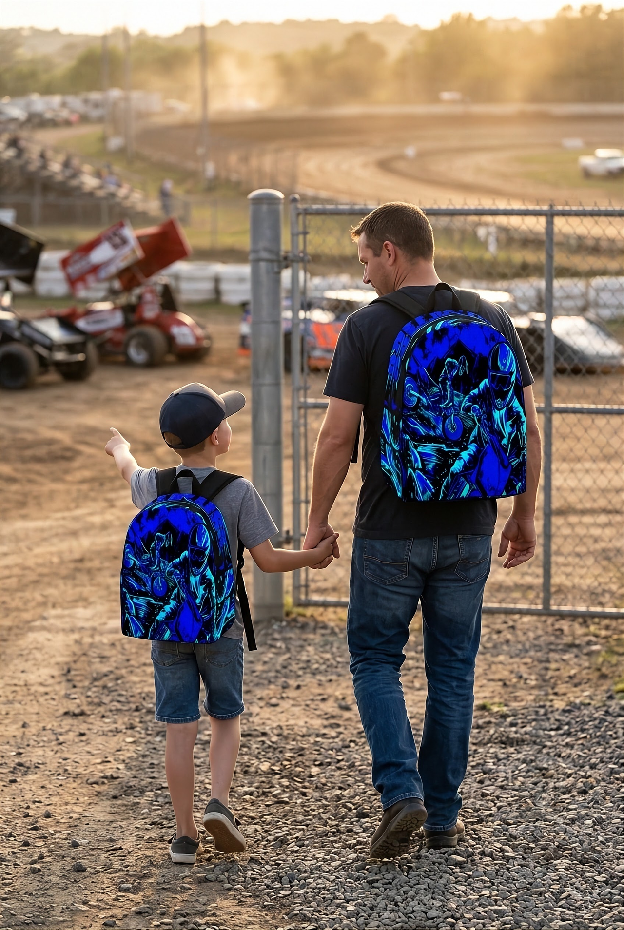 Vibrant Carolina blue motocross track backpack designed for back to school and dirt bike fans, featuring adjustable ergonomic straps and airflow mesh padding.