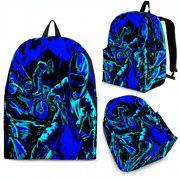 Vibrant Carolina blue motocross track backpack designed for back to school and dirt bike fans, featuring adjustable ergonomic straps and airflow mesh padding.