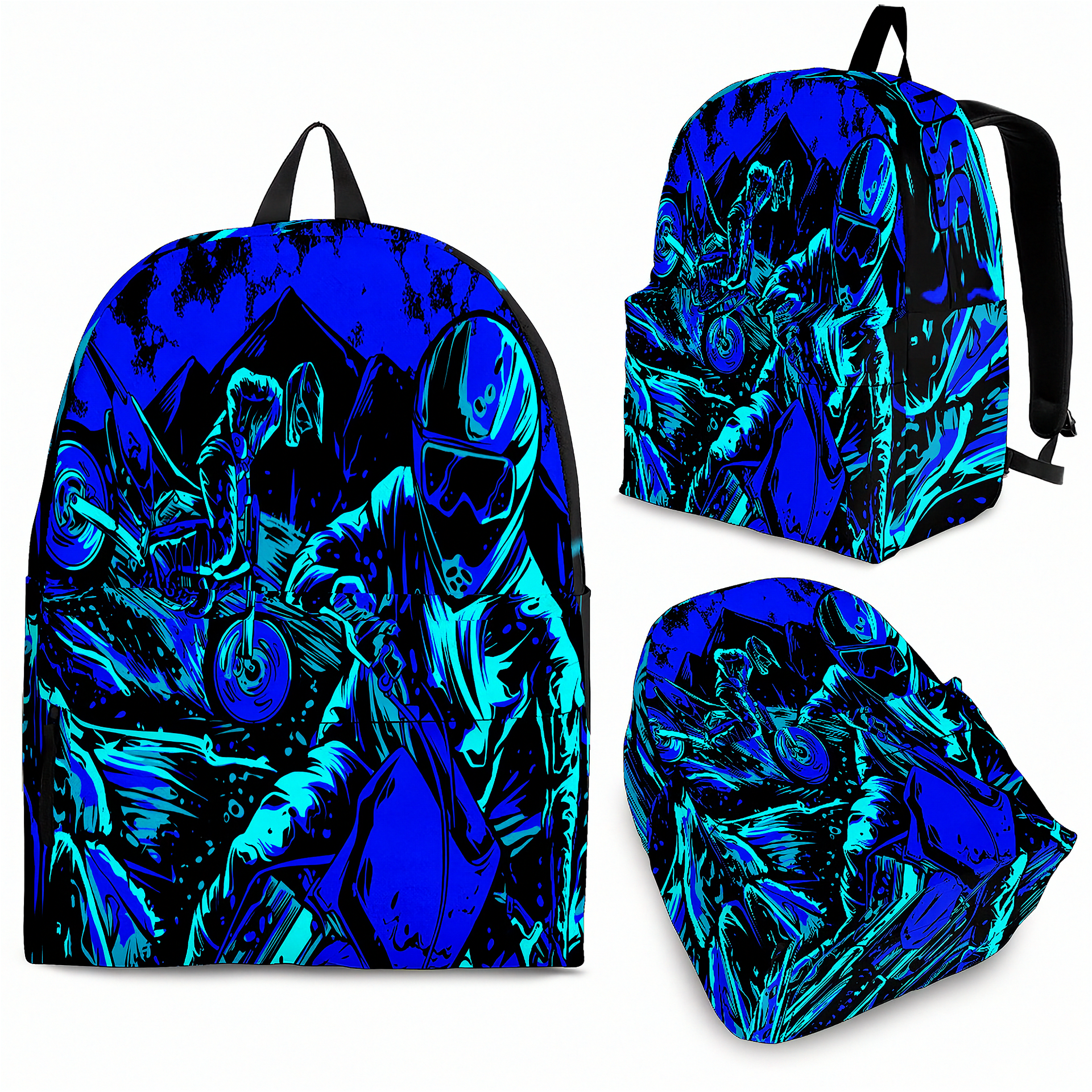 Vibrant Carolina blue motocross track backpack designed for back to school and dirt bike fans, featuring adjustable ergonomic straps and airflow mesh padding.
