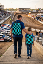 Carolina blue and white racing checkered track backpack designed for back to school and motorsport fans, featuring a checkerboard print and adjustable straps.