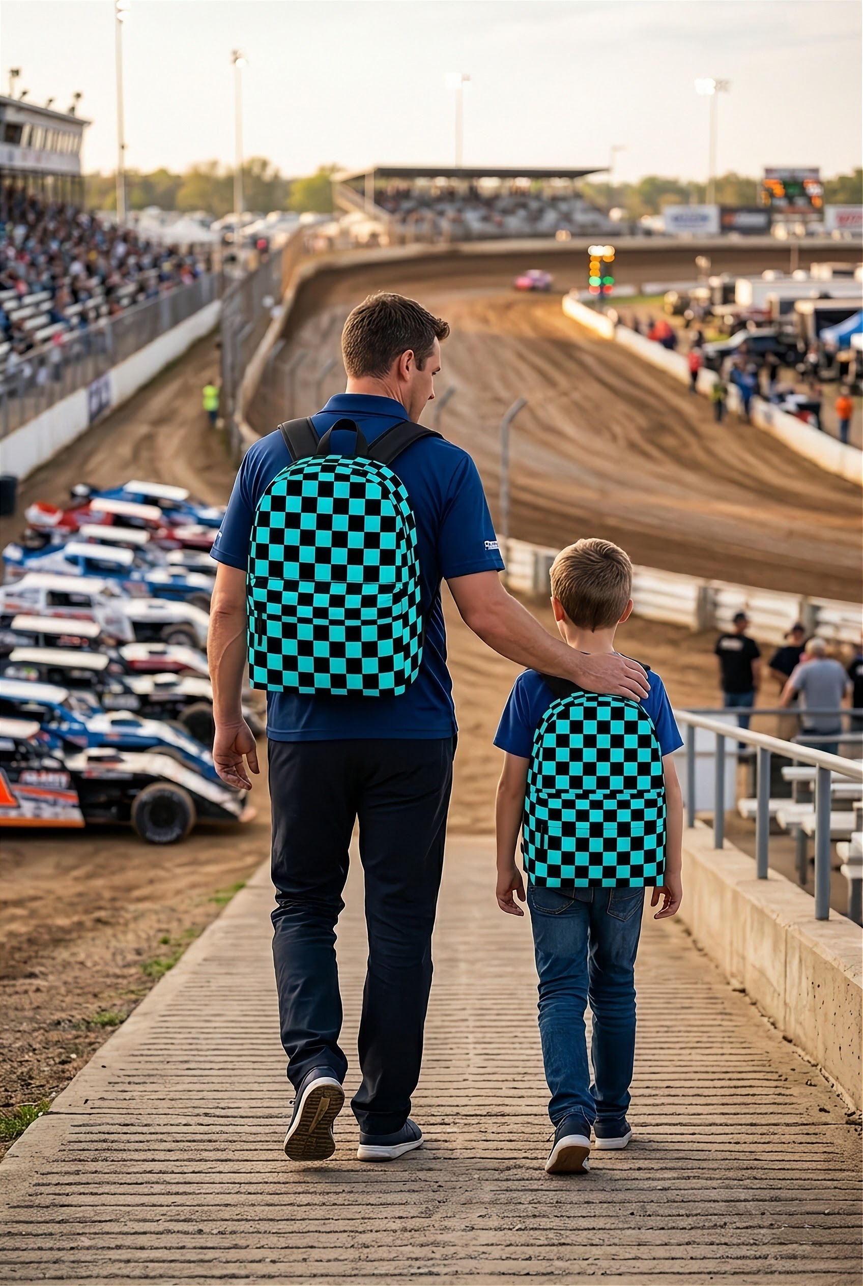 Carolina blue and white racing checkered track backpack designed for back to school and motorsport fans, featuring a checkerboard print and adjustable straps.