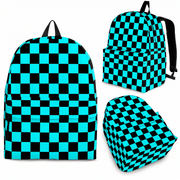 Carolina blue and white racing checkered track backpack designed for back to school and motorsport fans, featuring a checkerboard print and adjustable straps.