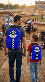 A sleek, vibrant blue custom racing backpack featuring sturdy black zippers, a large front utility pocket, and heavily padded ergonomic shoulder straps, set against a seamless white background.