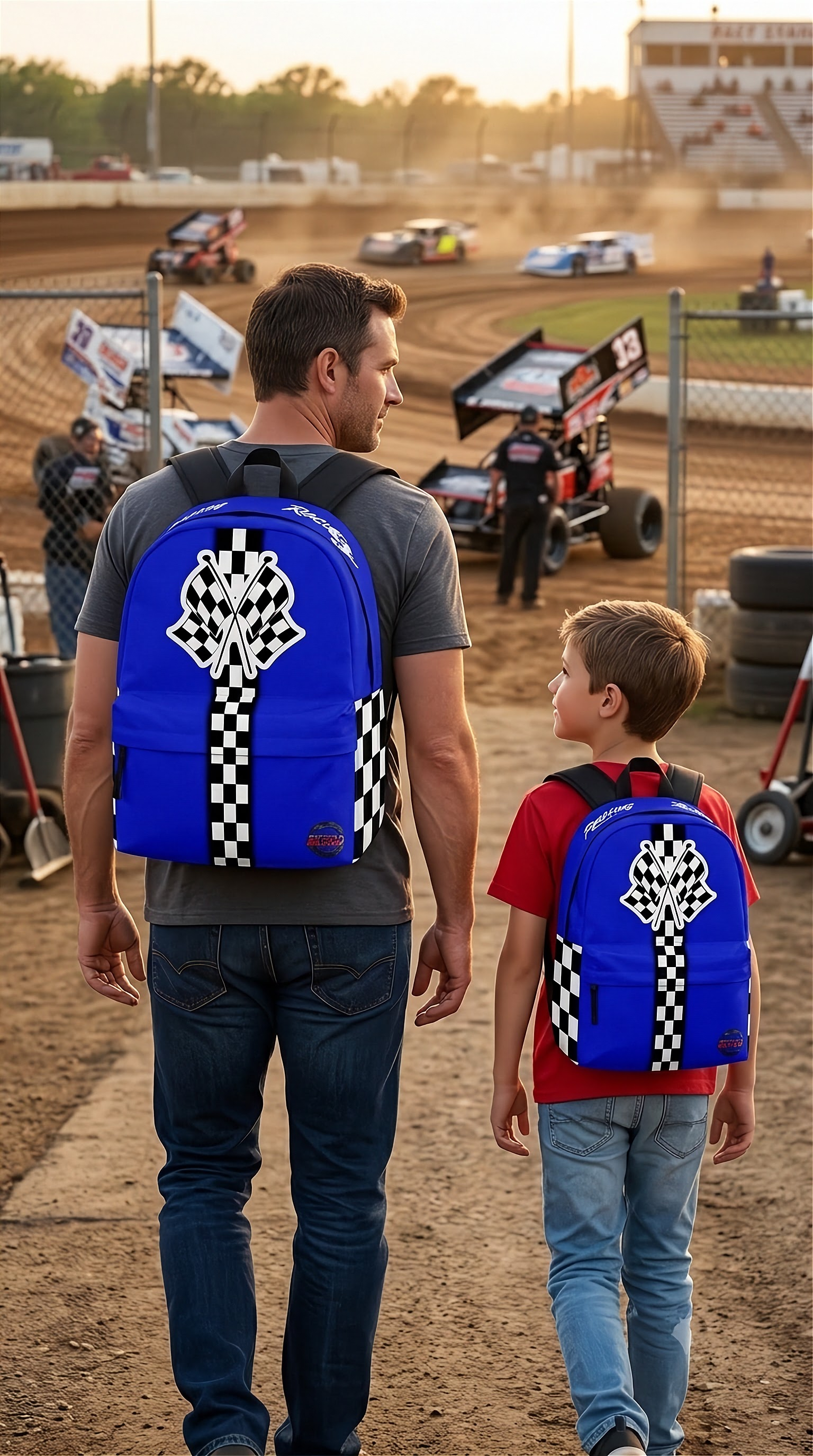 A sleek, vibrant blue custom racing backpack featuring sturdy black zippers, a large front utility pocket, and heavily padded ergonomic shoulder straps, set against a seamless white background.