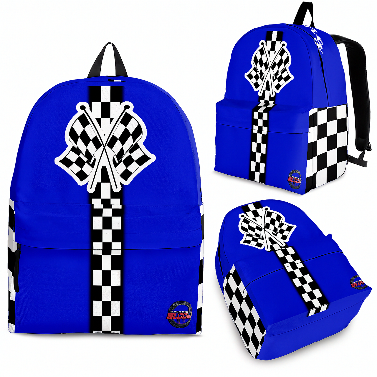 A student wearing a bright blue motorsport racing backpack walking across a sunny college campus, holding a travel coffee mug with a blurred modern sports car parked in the background.