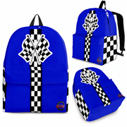 A student wearing a bright blue motorsport racing backpack walking across a sunny college campus, holding a travel coffee mug with a blurred modern sports car parked in the background.