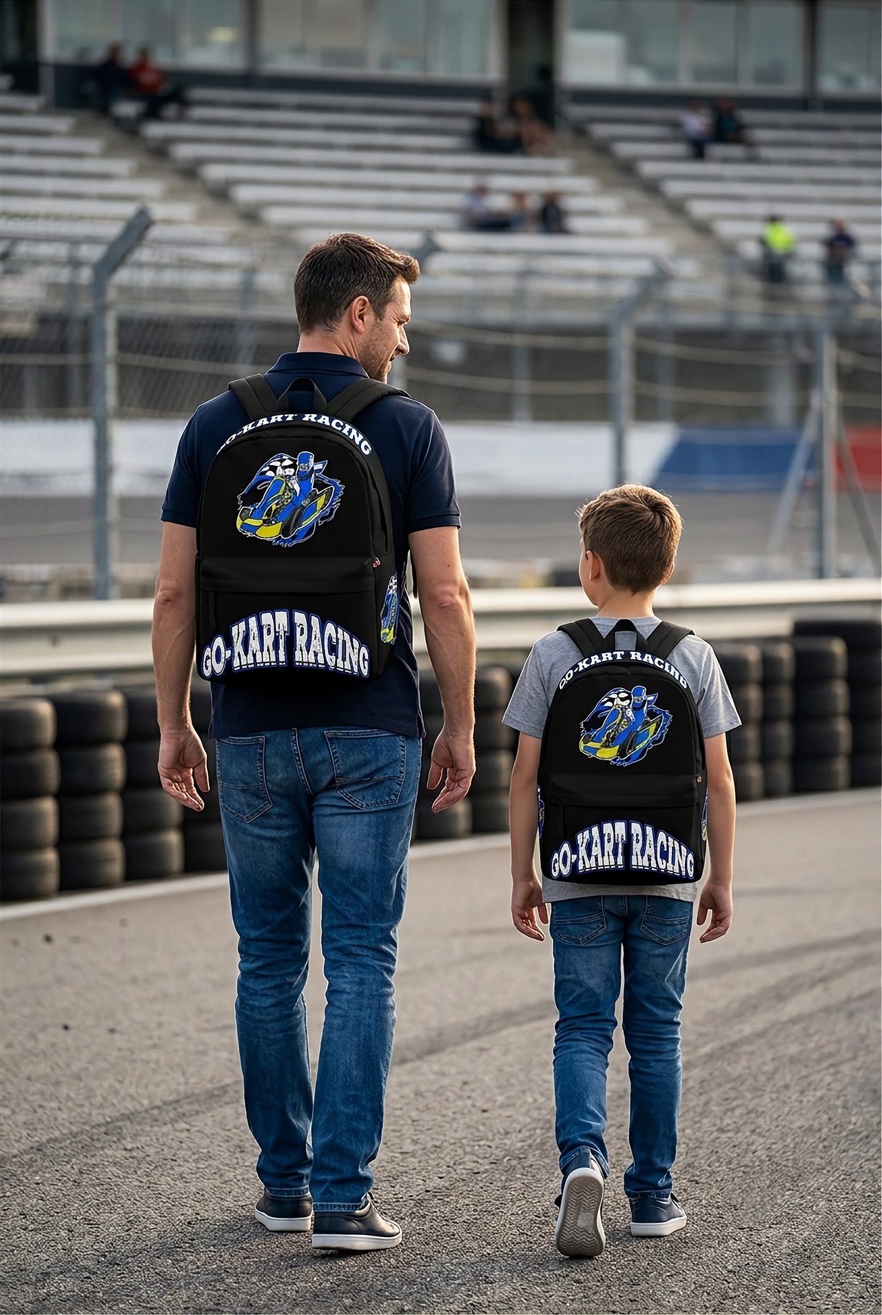 A durable custom go-kart racing backpack featuring a dynamic blue and yellow color scheme with a high-speed karting graphic, equipped with thick padded black ergonomic straps and a front utility pouch, isolated on a stark white background.