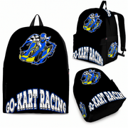 A young kart racer wearing a vibrant blue and yellow racing backpack, walking through a busy outdoor asphalt karting paddock with a customized racing helmet in one hand on a sunny afternoon.