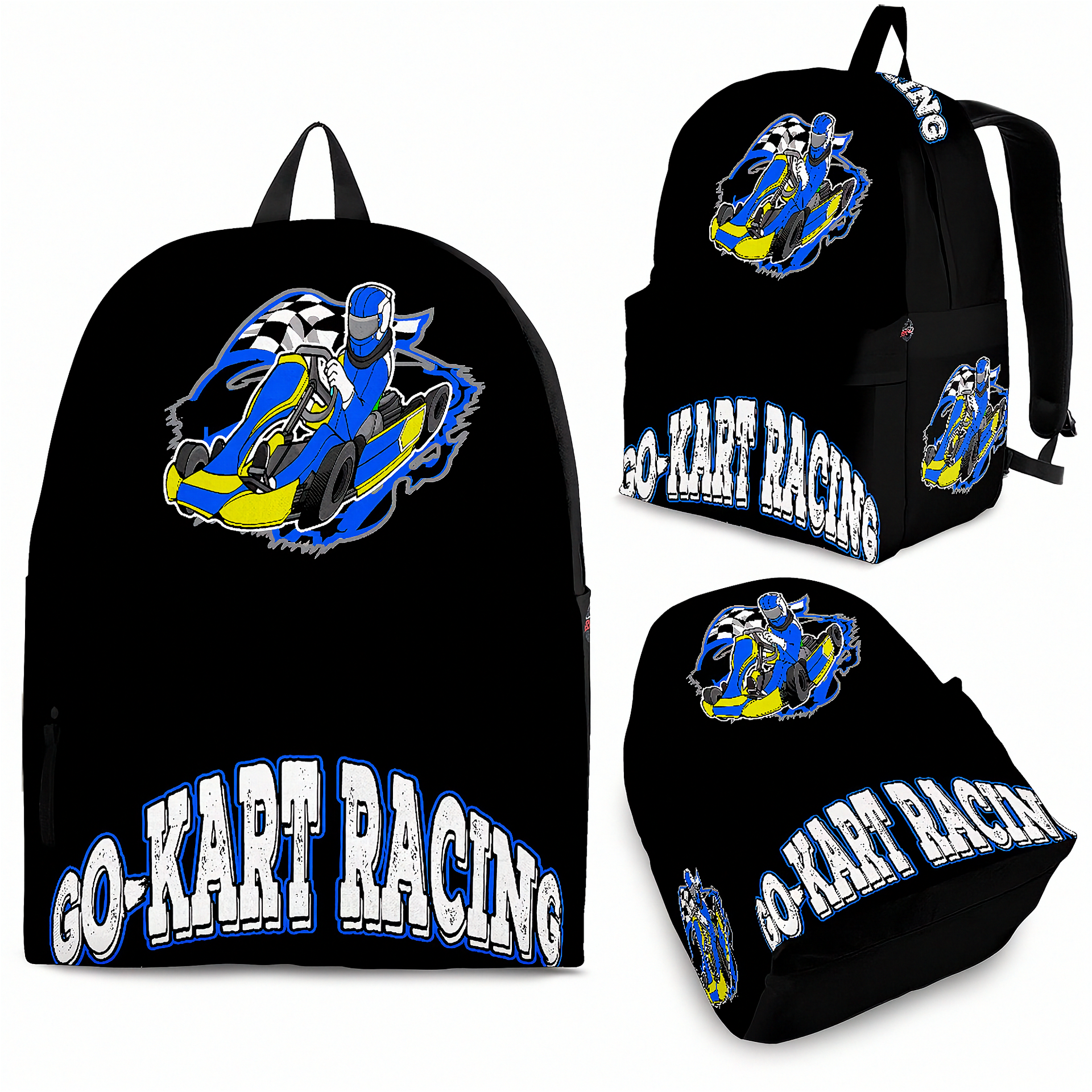 A young kart racer wearing a vibrant blue and yellow racing backpack, walking through a busy outdoor asphalt karting paddock with a customized racing helmet in one hand on a sunny afternoon.