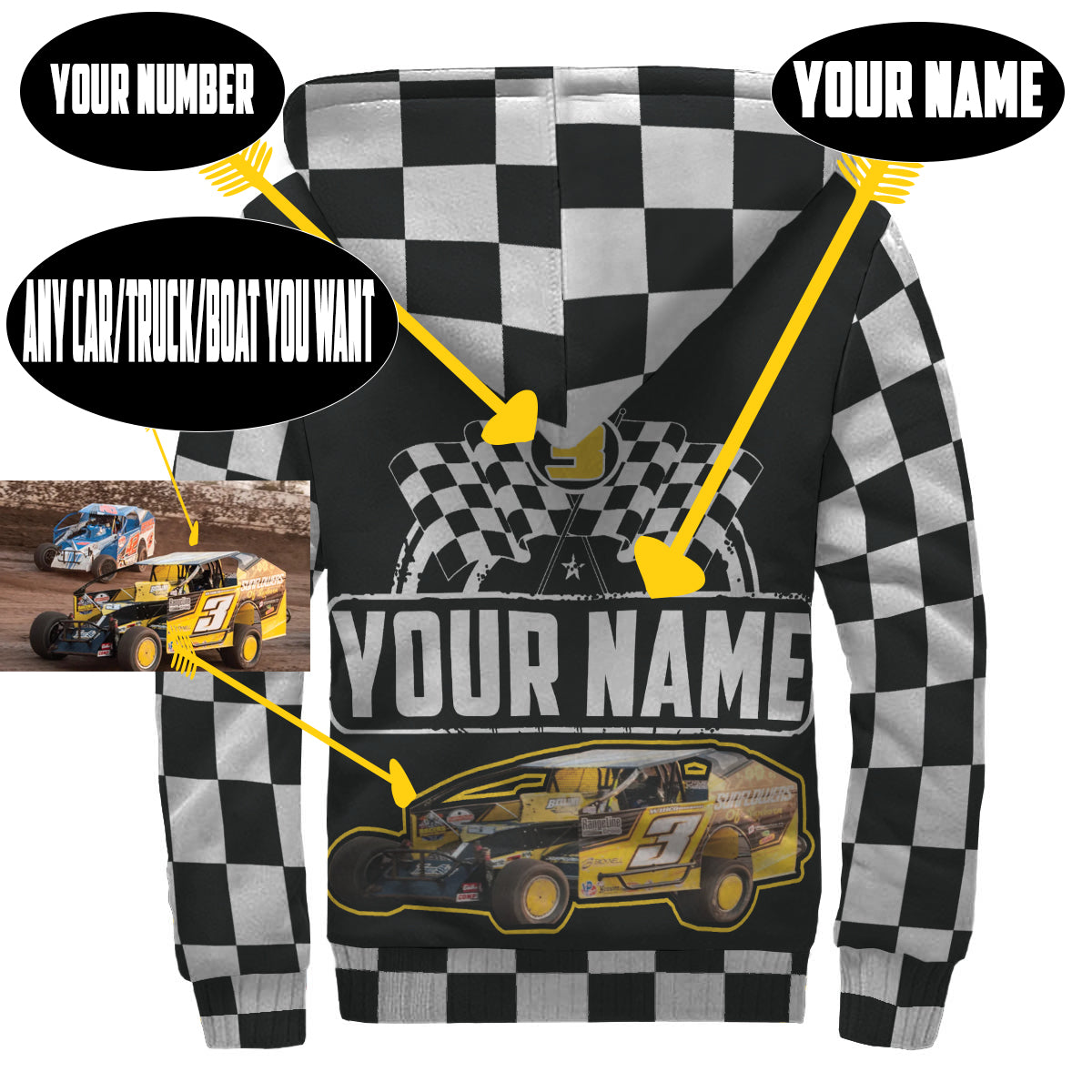 A personalized racing jacket displayed on a mannequin, featuring a large, high-resolution photo of a custom muscle car printed on the back panel, complemented by black and white checkered flag accents on the sleeves and a plush, cream-colored sherpa lining visible at the collar.