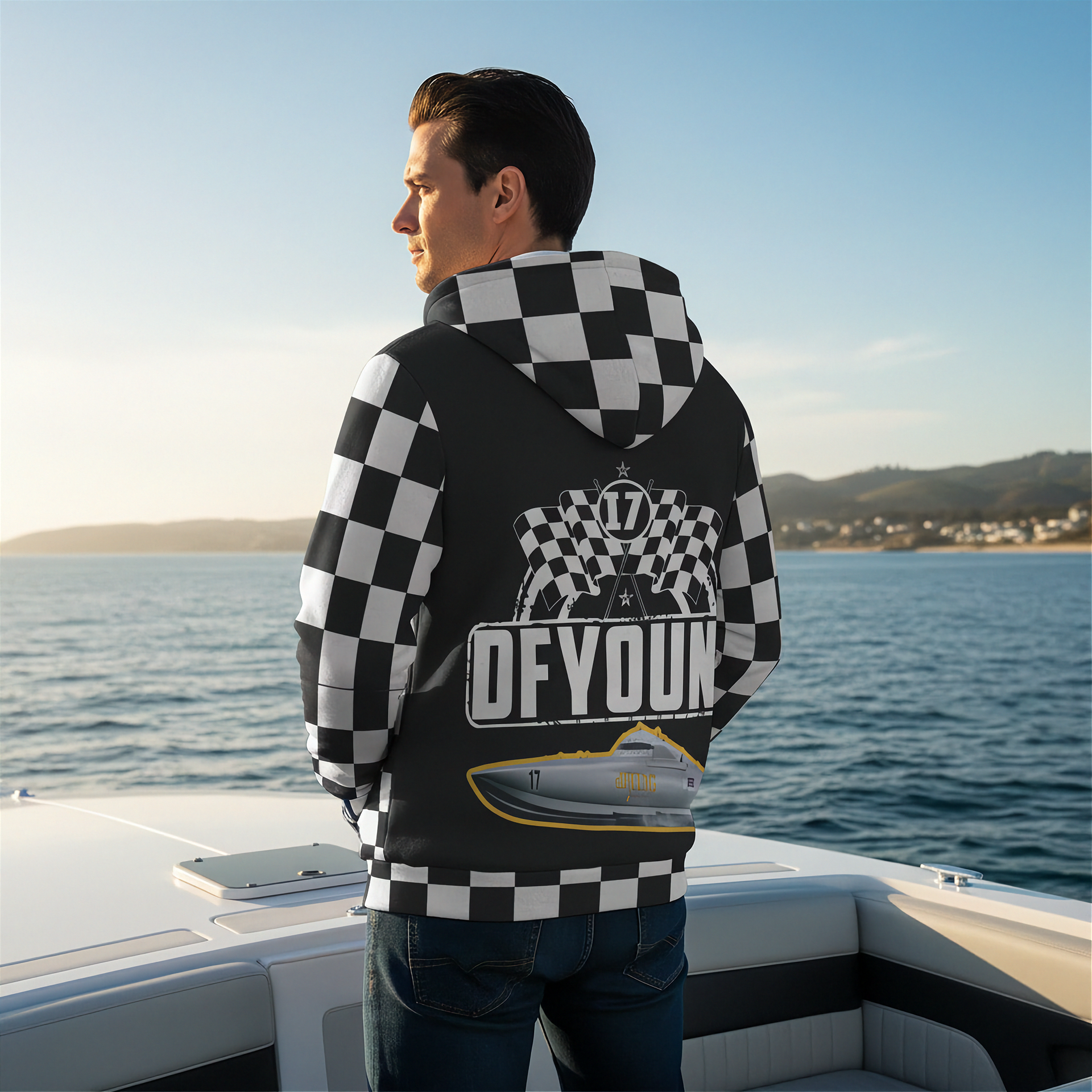 A personalized racing jacket displayed on a mannequin, featuring a large, high-resolution photo of a custom muscle car printed on the back panel, complemented by black and white checkered flag accents on the sleeves and a plush, cream-colored sherpa lining visible at the collar.