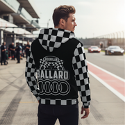 A personalized racing jacket displayed on a mannequin, featuring a large, high-resolution photo of a custom muscle car printed on the back panel, complemented by black and white checkered flag accents on the sleeves and a plush, cream-colored sherpa lining visible at the collar.