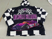 A personalized racing jacket displayed on a mannequin, featuring a large, high-resolution photo of a custom muscle car printed on the back panel, complemented by black and white checkered flag accents on the sleeves and a plush, cream-colored sherpa lining visible at the collar.