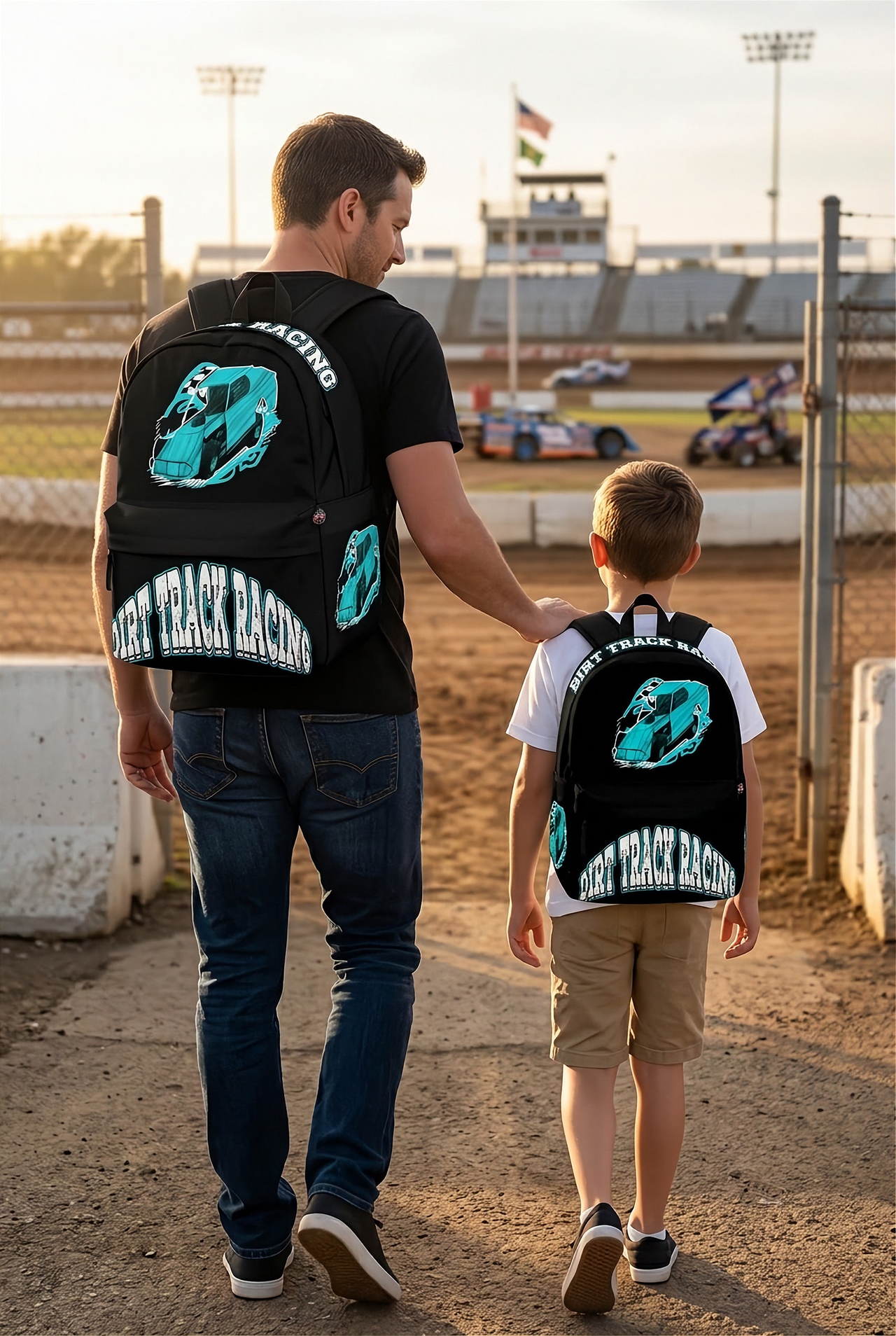 A custom dirt track racing backpack in a vibrant Carolina blue colorway featuring a graphic of an open-wheel dirt modified car, detailed with black padded straps and a front zipper pocket against a seamless white background.