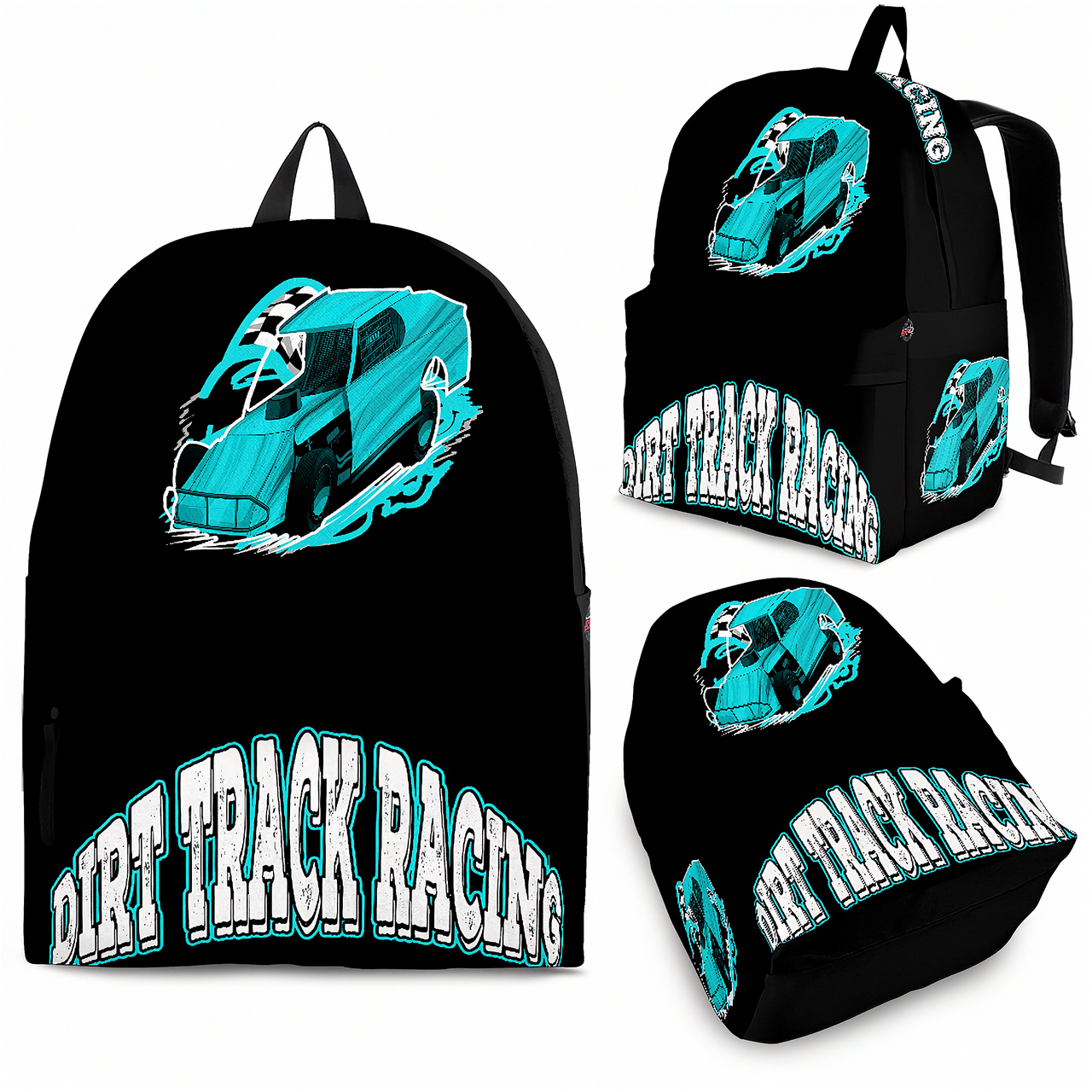 A racing enthusiast with a Carolina blue dirt modified backpack slung over one shoulder, walking through a sunlit dirt track parking lot surrounded by large team race haulers and motorhomes.