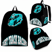 A racing enthusiast with a Carolina blue dirt modified backpack slung over one shoulder, walking through a sunlit dirt track parking lot surrounded by large team race haulers and motorhomes.