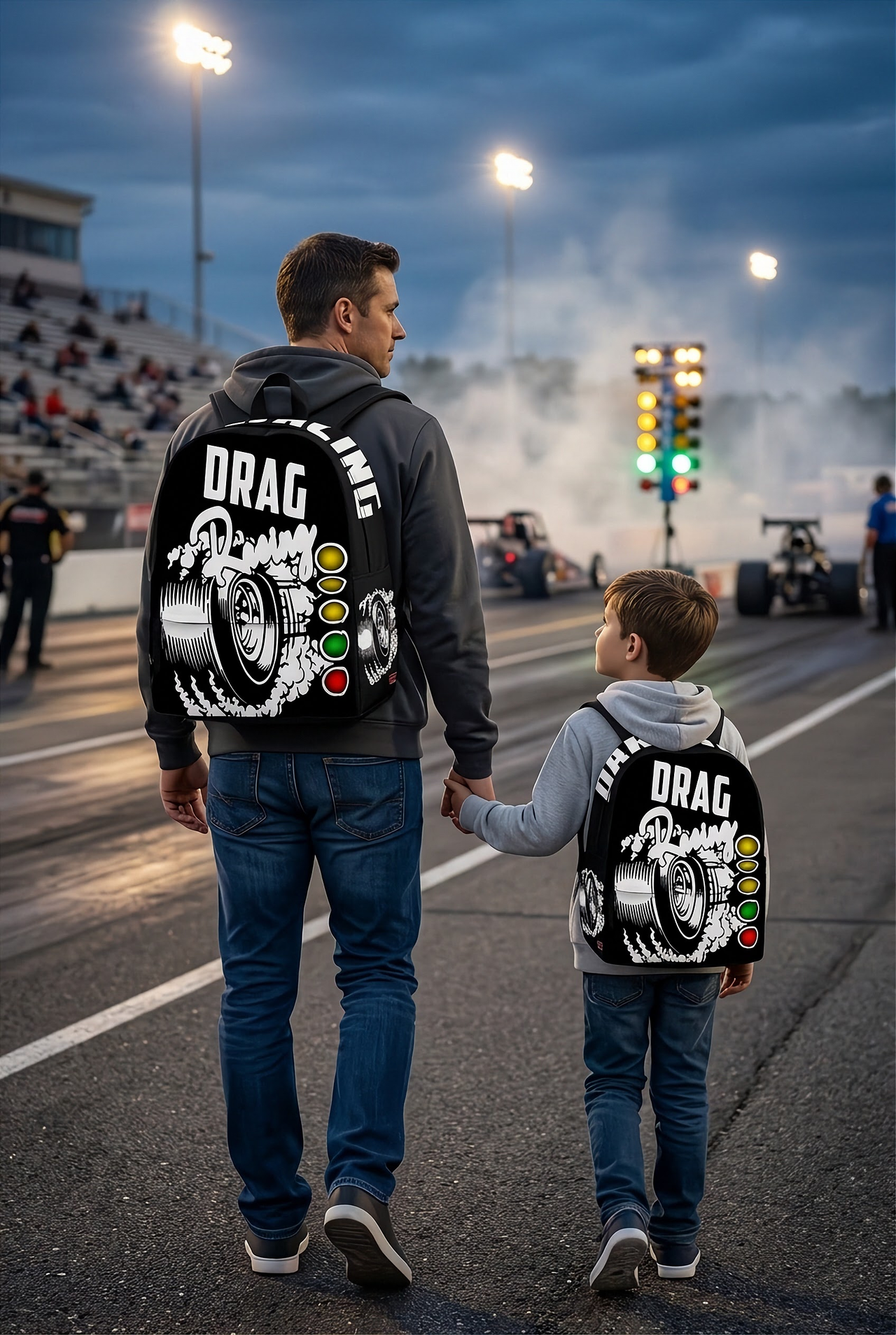 Custom black drag racing backpack featuring a high-performance tire blowout smoke and staging lights graphic for motorsports fans.