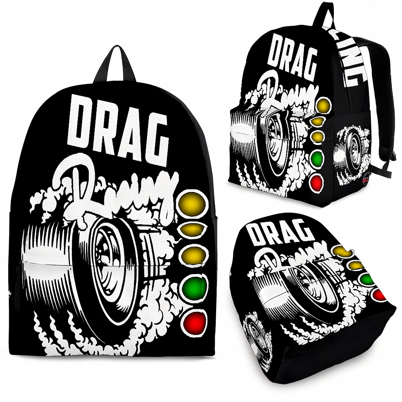 Custom black drag racing backpack featuring a high-performance tire blowout smoke and staging lights graphic for motorsports fans.