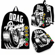 Custom black drag racing backpack featuring a high-performance tire blowout smoke and staging lights graphic for motorsports fans.