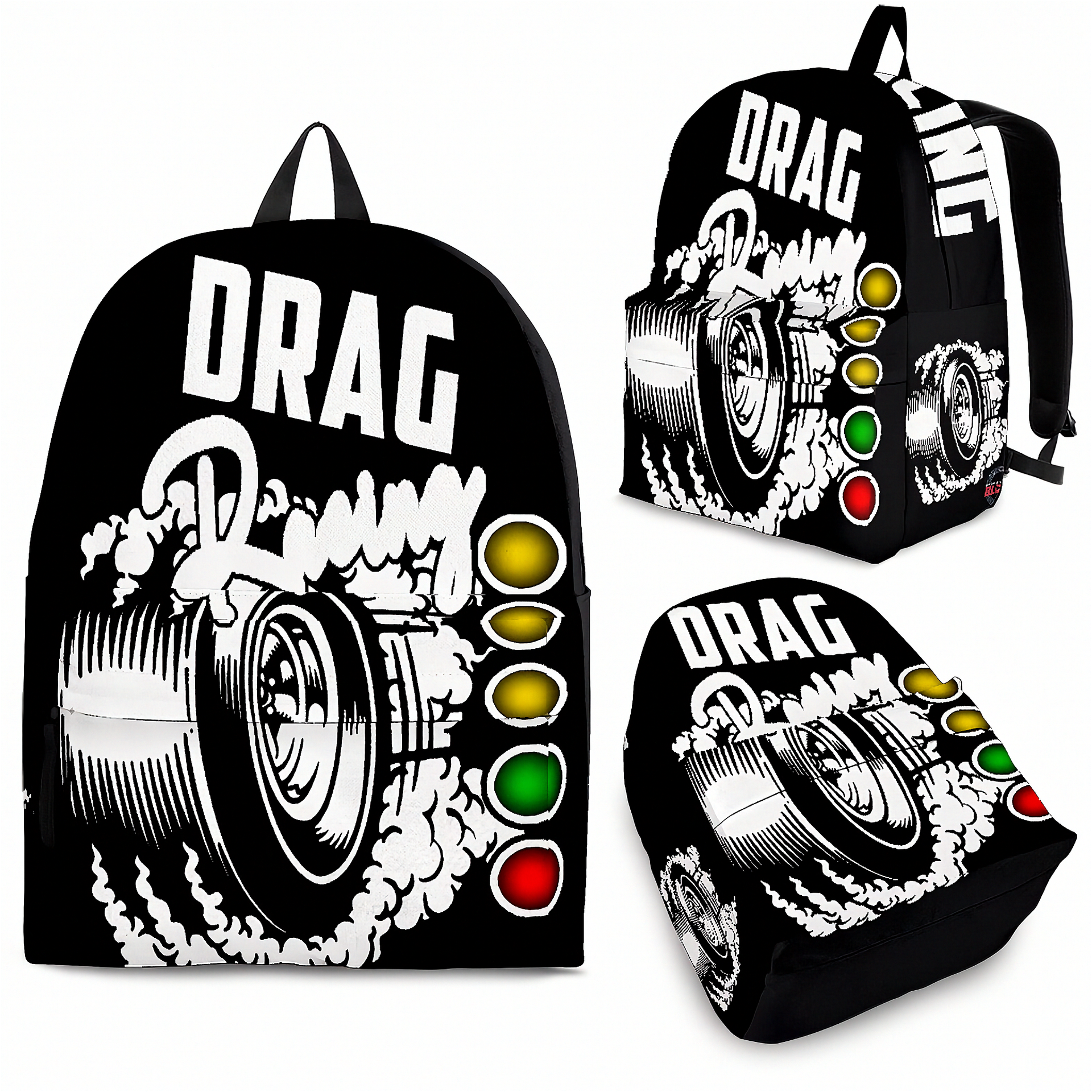 Custom black drag racing backpack featuring a high-performance tire blowout smoke and staging lights graphic for motorsports fans.