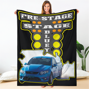Person holding a drag racing blanket with 'Pre-Stage Stage Bluey' design featuring a blue car.