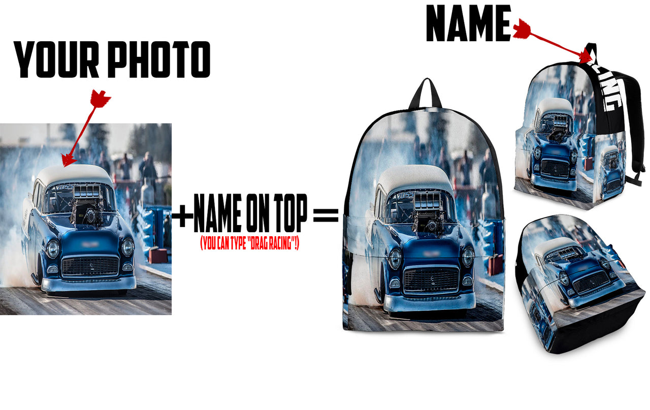 Custom drag racing track backpack designed for back to school and motorsport fans, featuring adjustable ergonomic straps and airflow mesh padding.