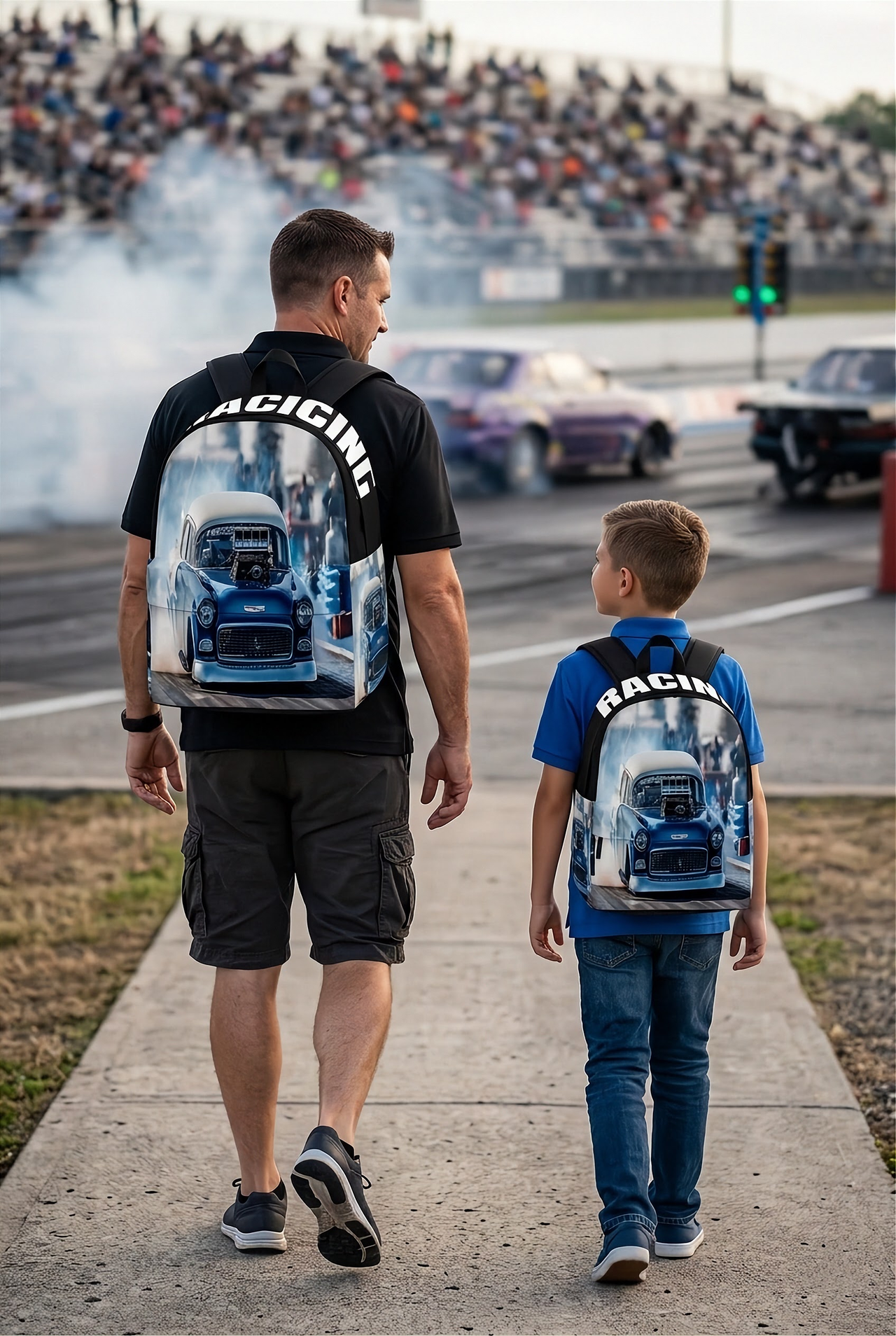 Custom drag racing track backpack designed for back to school and motorsport fans, featuring adjustable ergonomic straps and airflow mesh padding.
