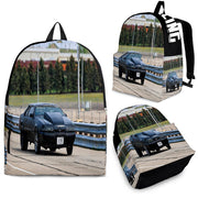 Custom drag racing track backpack designed for back to school and motorsport fans, featuring adjustable ergonomic straps and airflow mesh padding.