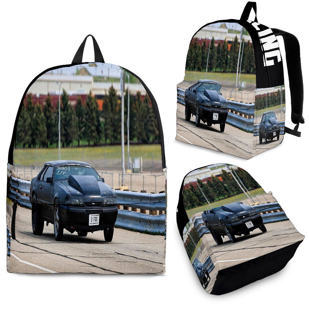 Custom drag racing track backpack designed for back to school and motorsport fans, featuring adjustable ergonomic straps and airflow mesh padding.