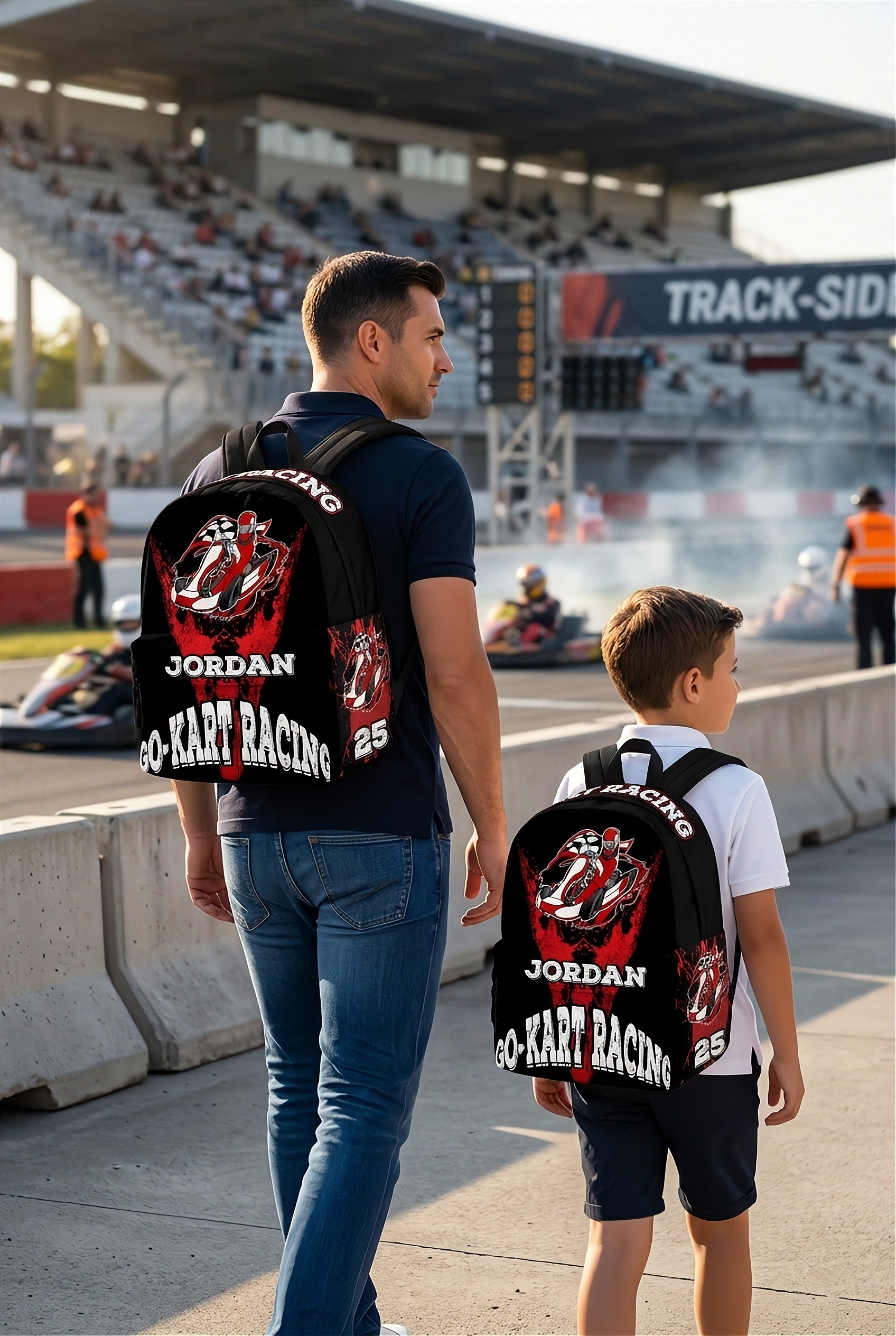 A young go-kart racer wearing a custom N25 kart racing backpack over his racing suit, walking through the bustling paddock of an outdoor asphalt circuit alongside an adult crew chief.