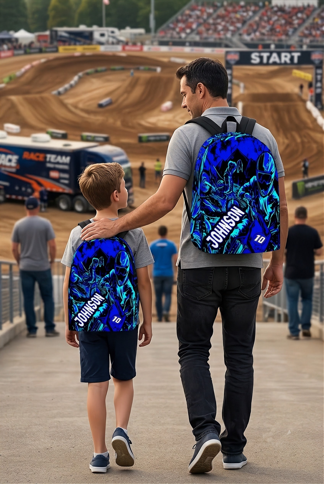 A fully personalized custom motocross backpack displaying the name "Johnson" and the racing number "N10" in sharp, high-contrast athletic typography, featuring thick black ergonomic shoulder straps and a front utility pocket isolated on a stark white background.