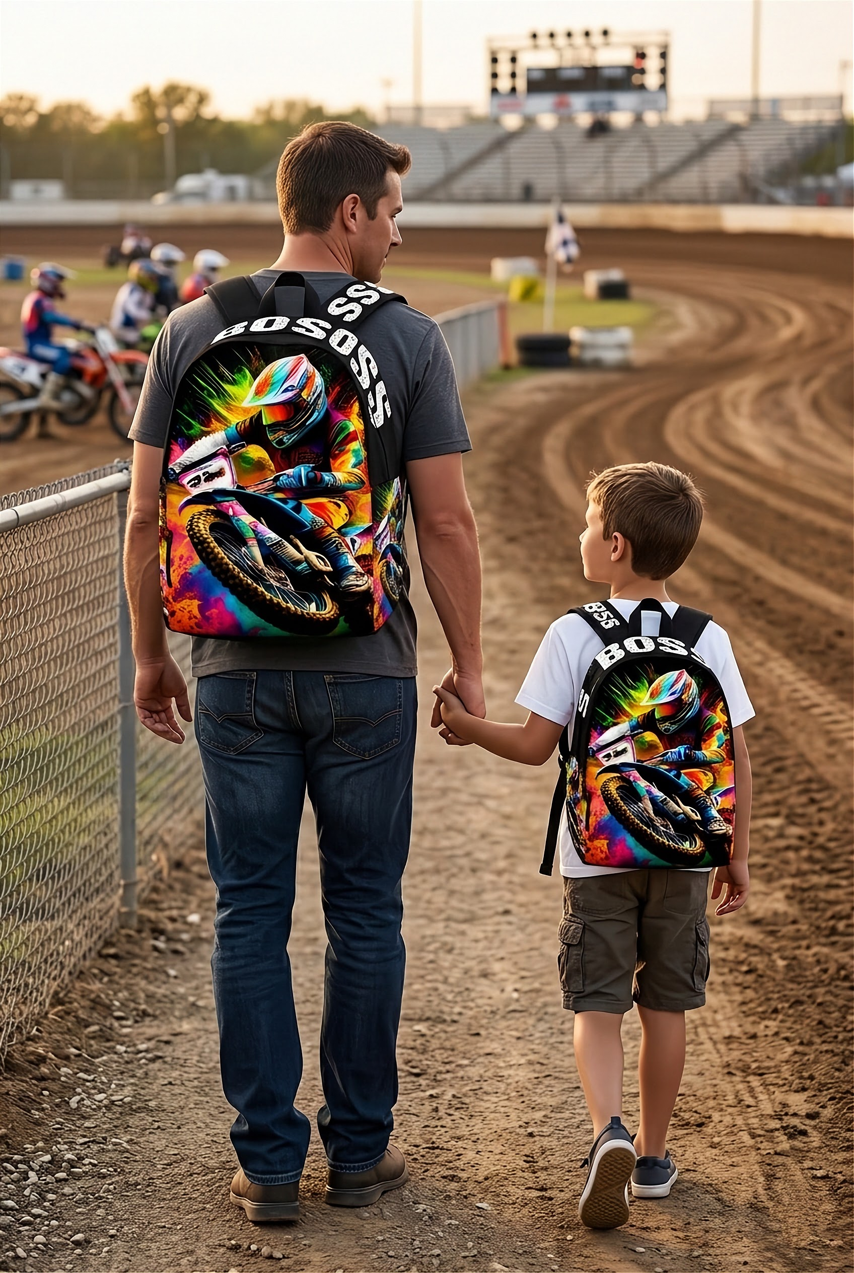 A teenage dirt bike enthusiast wearing full off-road riding pants and a custom motocross backpack, standing near a dusty wooded trail while looking back at a parked dirt bike under the afternoon sun.