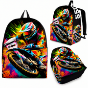 A rugged custom motocross backpack displaying an aggressive graphic of a dirt bike rider kicking up mud, featuring durable black zippers, thick ergonomic padded straps, and a front organizational pouch, isolated on a bright white background.