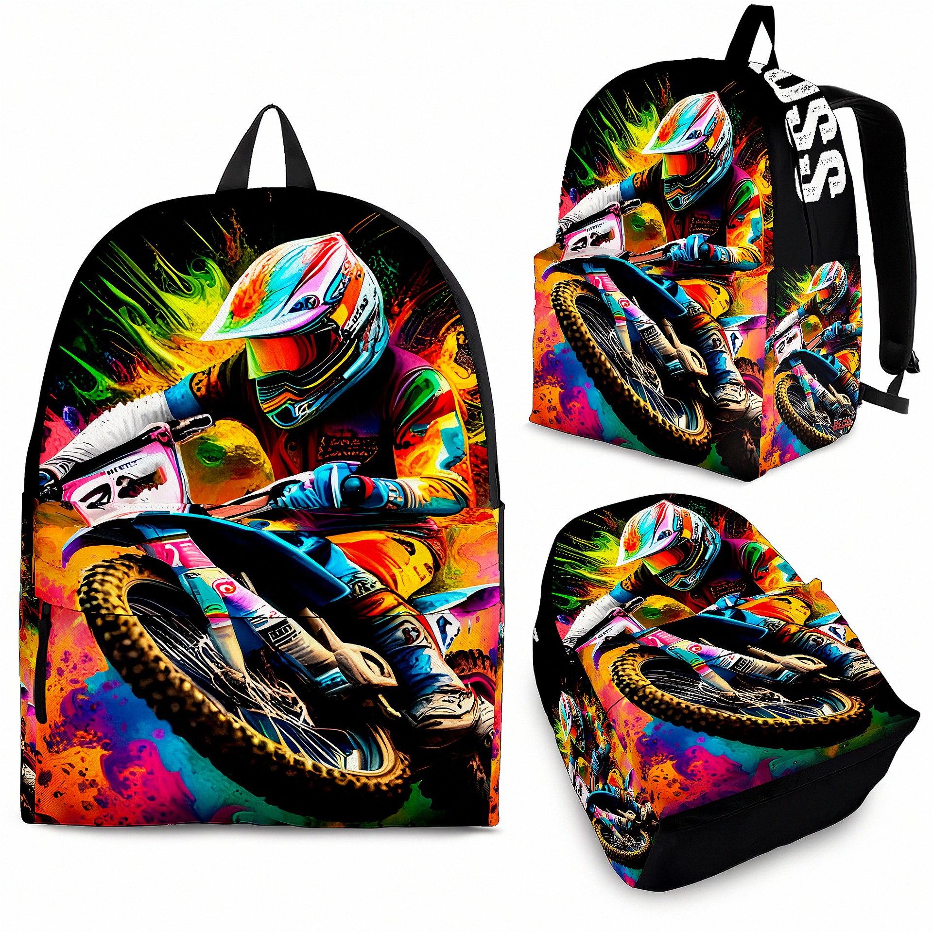A rugged custom motocross backpack displaying an aggressive graphic of a dirt bike rider kicking up mud, featuring durable black zippers, thick ergonomic padded straps, and a front organizational pouch, isolated on a bright white background.