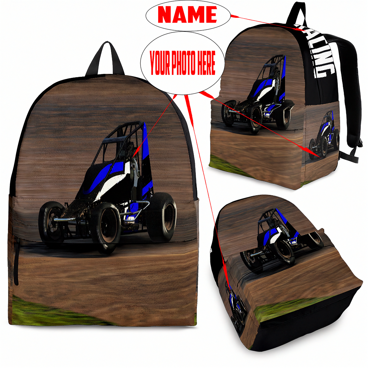 Custom non-wing sprint car racing backpack for kids back to school trackside gear bag.