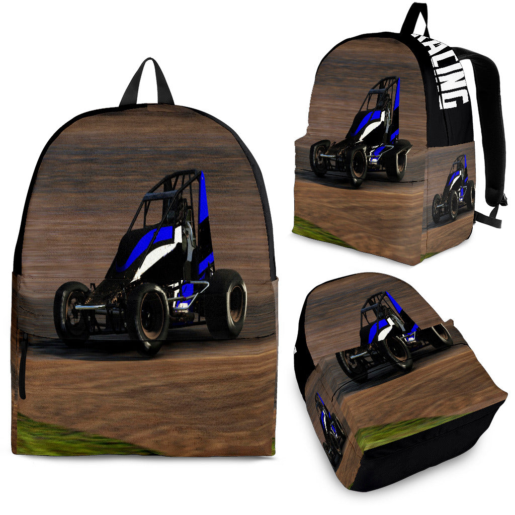 Custom non-wing sprint car racing backpack for kids back to school trackside gear bag.