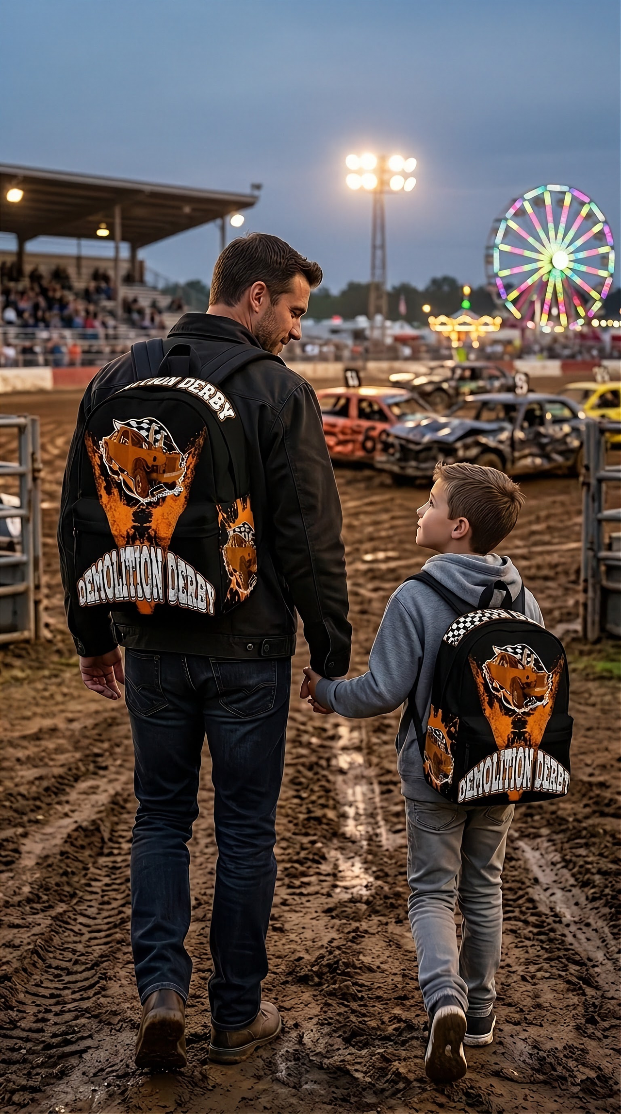 Custom heavy-duty orange demolition derby backpack featuring an aggressive smashed crash car graphic for motorsports fans.