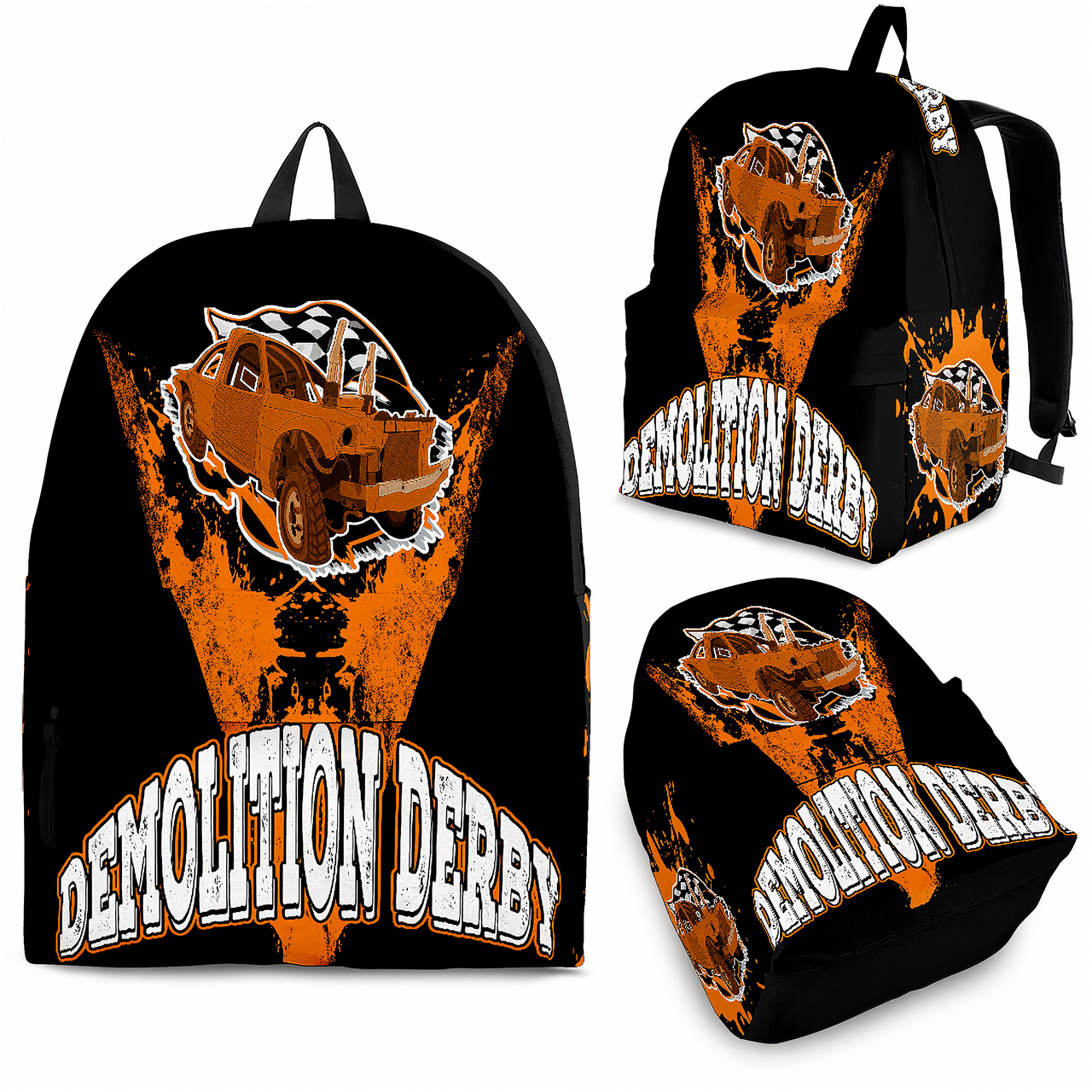 Custom heavy-duty orange demolition derby backpack featuring an aggressive smashed crash car graphic for motorsports fans.