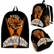 Custom heavy-duty orange demolition derby backpack featuring an aggressive smashed crash car graphic for motorsports fans.