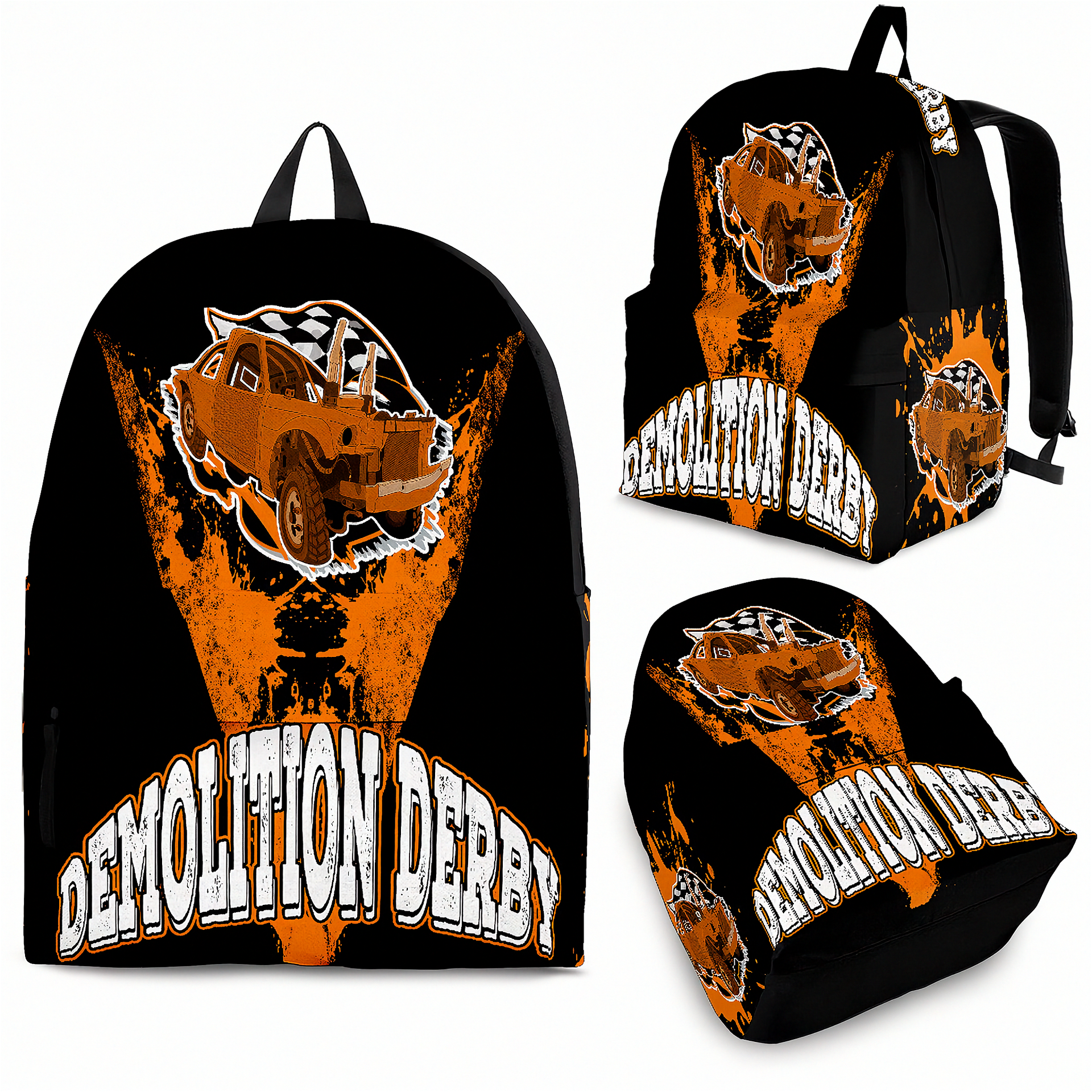 Custom heavy-duty orange demolition derby backpack featuring an aggressive smashed crash car graphic for motorsports fans.