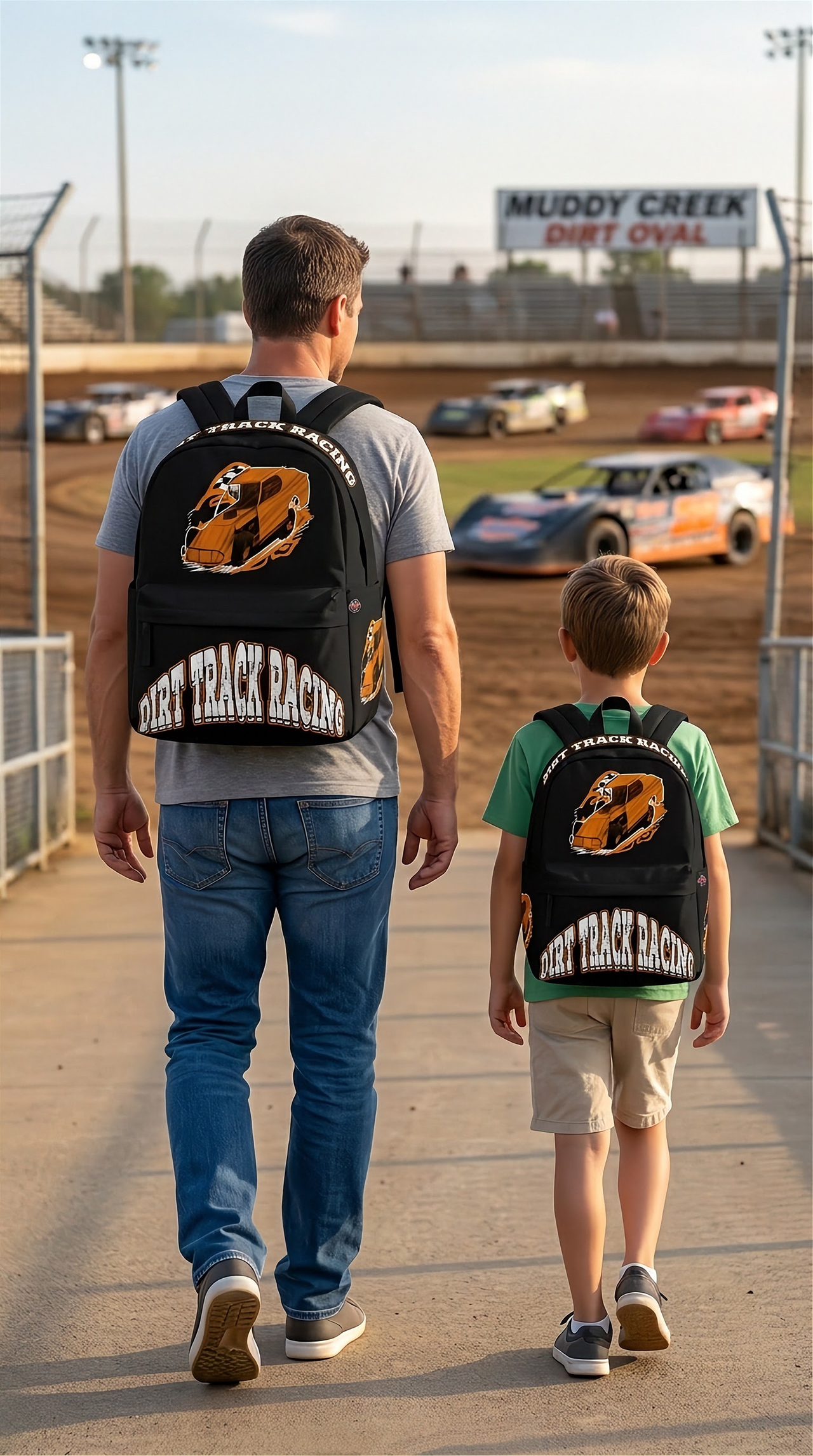 A bright orange custom racing backpack showcasing a dynamic graphic of a dirt modified race car kicking up clay, complete with durable black zippers, thick padded straps, and a front pocket, displayed on a clean white backgroun