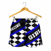 Custom personalized women's blue racing shorts featuring a bold royal blue and black checkerboard flag design for trackside motorsports fans.