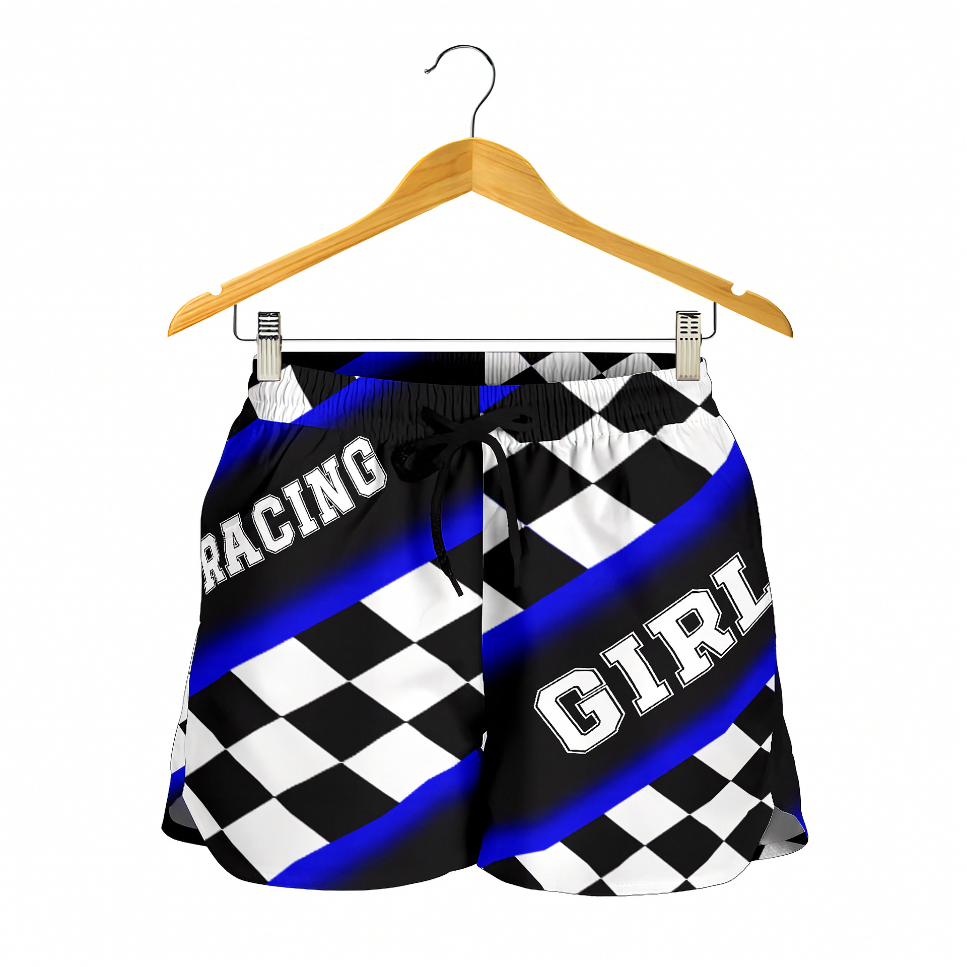 Custom personalized women's blue racing shorts featuring a bold royal blue and black checkerboard flag design for trackside motorsports fans.