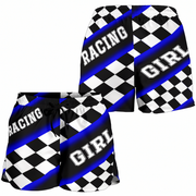 Custom personalized women's blue racing shorts featuring a bold royal blue and black checkerboard flag design for trackside motorsports fans.