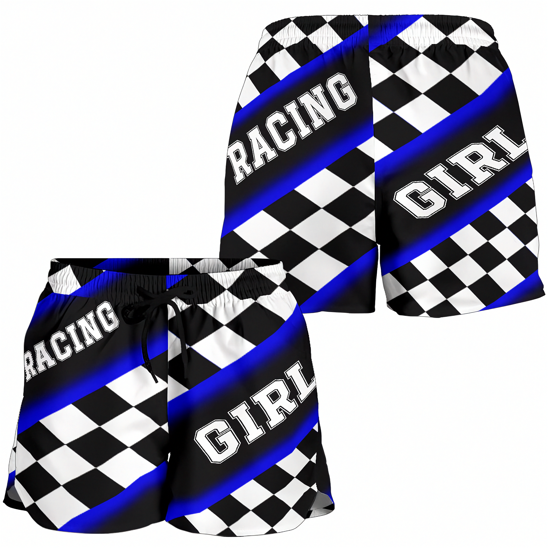 Custom personalized women's blue racing shorts featuring a bold royal blue and black checkerboard flag design for trackside motorsports fans.
