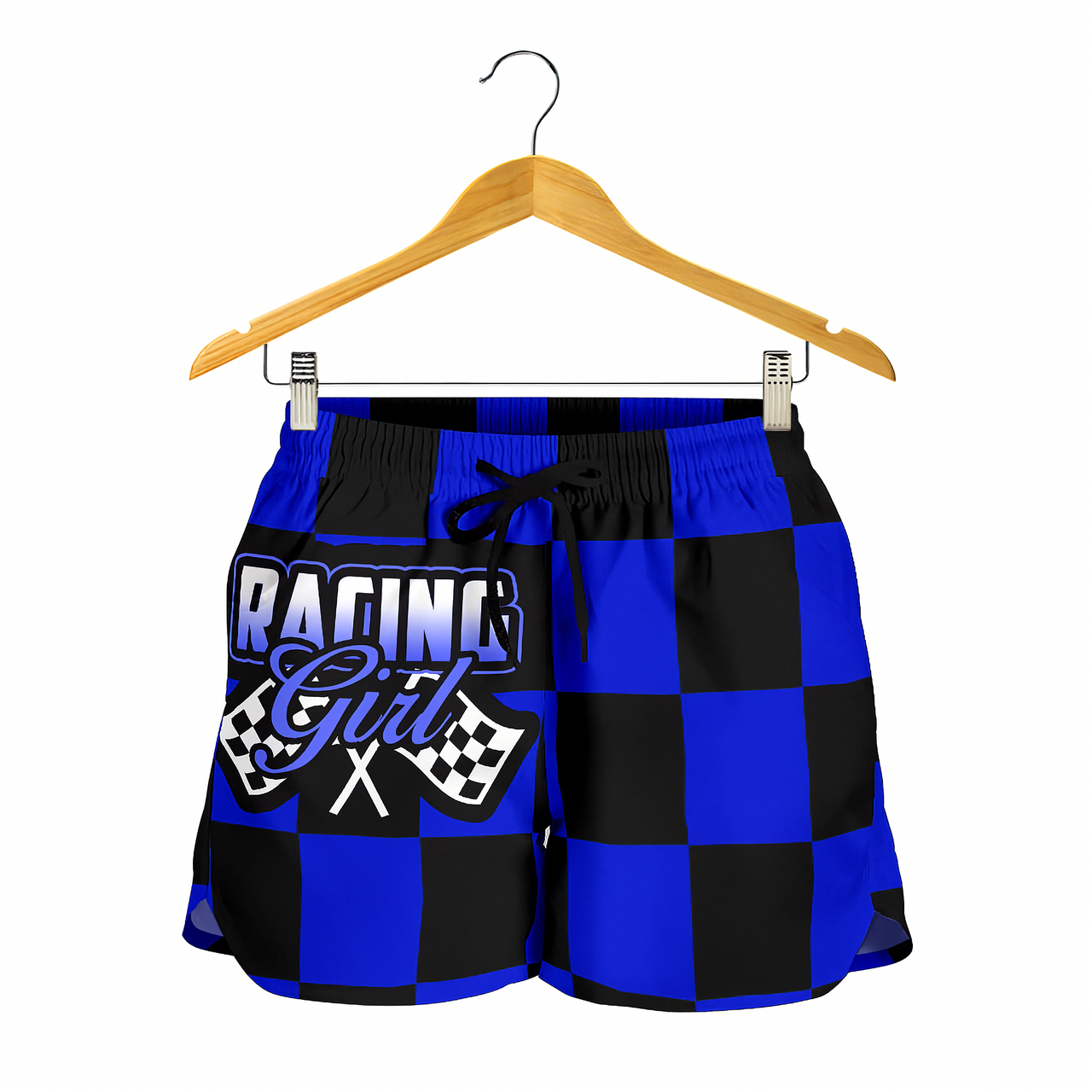 Custom personalized women's blue racing shorts featuring a bold royal blue and black checkerboard flag design for trackside motorsports fans.
